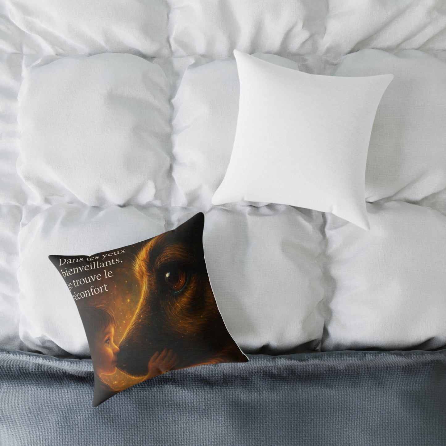 Coussin confortable & fantaisie « Dans tes yeux bienveillants je trouve le réconfort » ( Collection Retour à l'enfance)