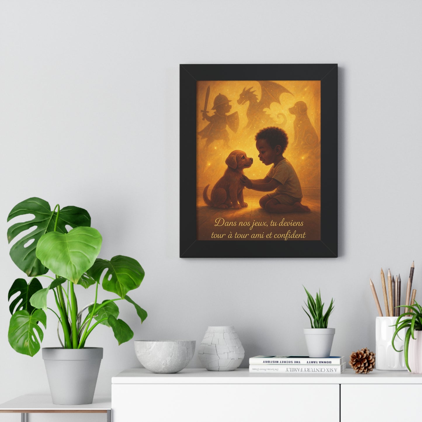 Affiche encadrée « Dans nos jeux tu deviens tour à tour, ami et confident. » (Collection Retour à l'enfance)